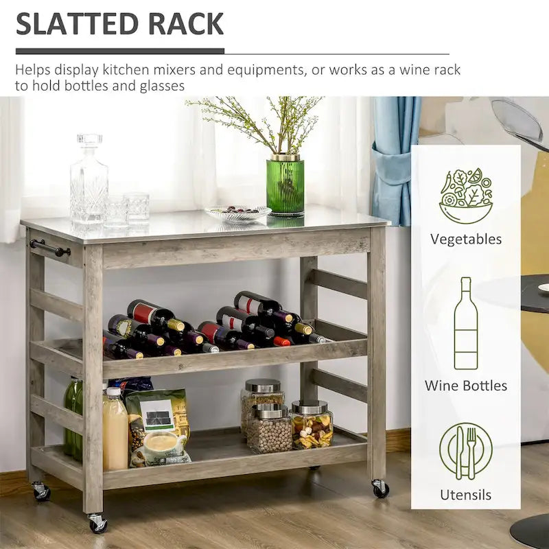 Grey Rolling Kitchen Cart with Stainless Steel Top Slotted Shelf and Towel Bar