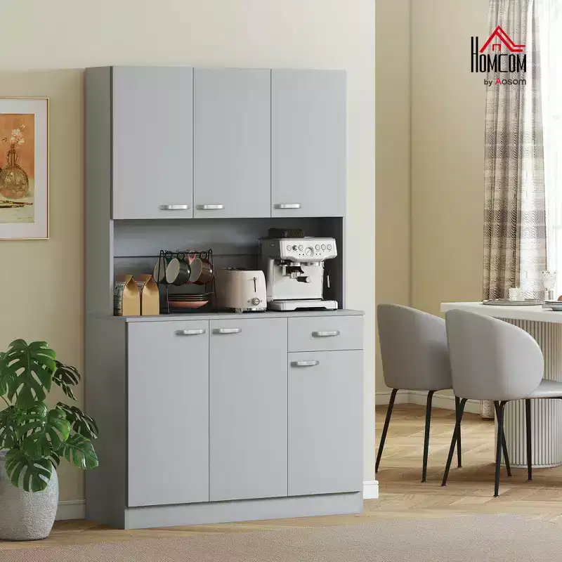 71 Freestanding Buffet With Hutch, Kitchen Pantry, Cupboard With 6 Doors, 3 Adjustable Shelves, And 1 Drawer