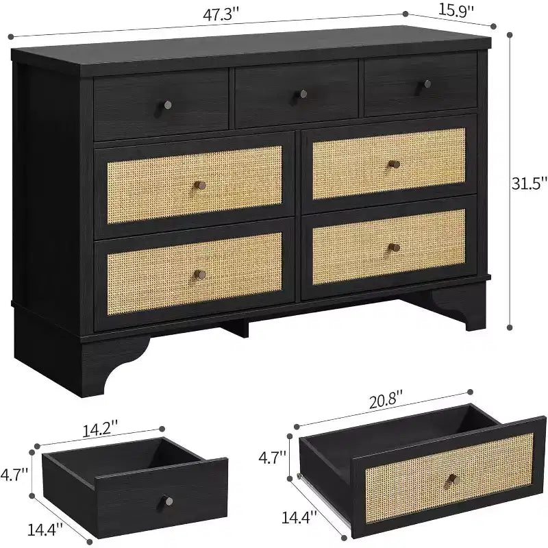 7 Drawer Dresser with Natural Rattan Fronts, 47.3 Wide Wood Storage Chest