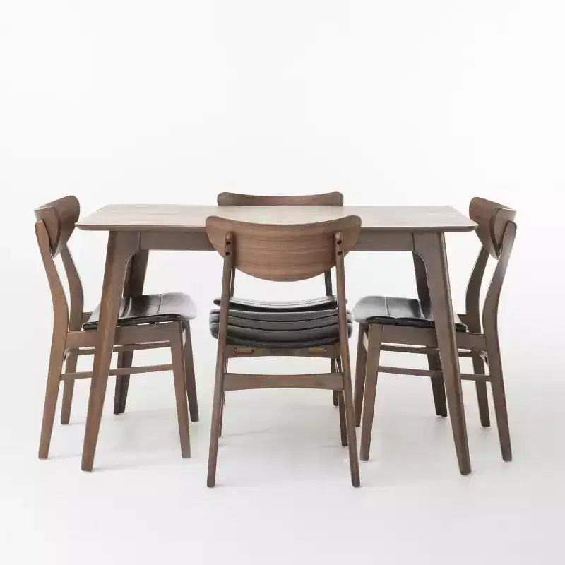 Imwalle Mid Century Modern Faux Leather Upholstered 5 Piece Dining Set, Walnut and Dark Brown