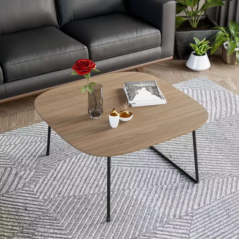 LeisureMod Pembroke Mid-Century Modern Square Coffee Table with Wood Top and Powder-Coated Iron Frame, Natural Wood