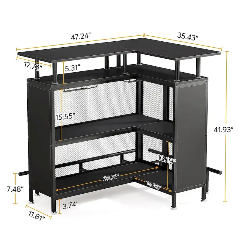 L-shape Bar Table with Stemware Racks and Shelves - N/A