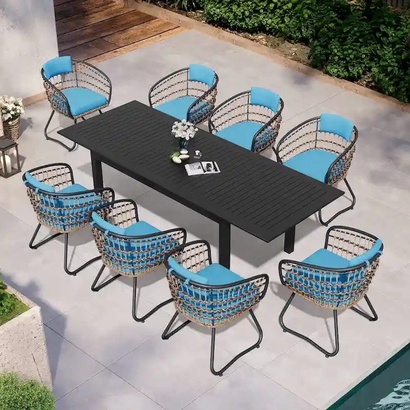 9PC Aluminum Extendable Patio Dining Table Outdoor Rectangular with Rattan Chair