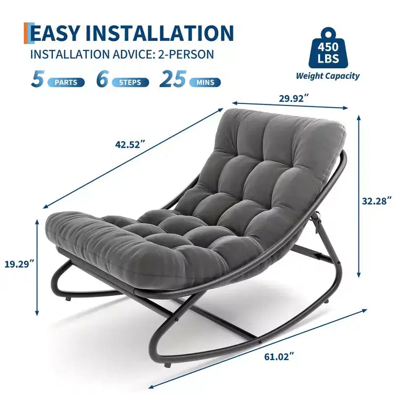 Papasan Rocking Chair, Oversized Rocking Papasan Chair with Thick Cushion, Sturdy Metal Frame, Suitable for Bedroom, Living Room, Garden, Gray