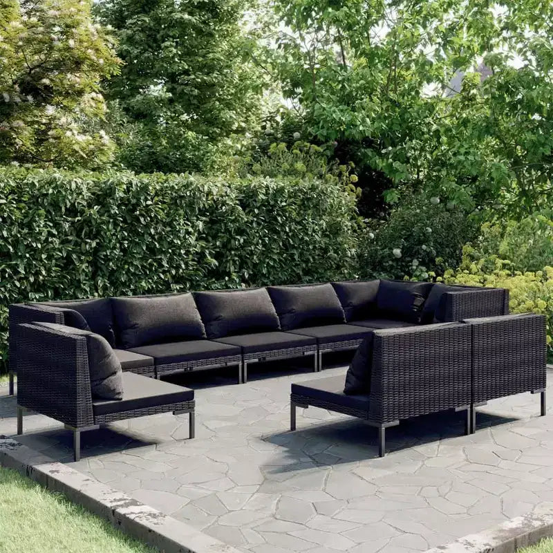 vidaXL Outdoor Patio Lounge Set - 9 Piece Poly Rattan with Cushions in Dark Gray - Sturdy Powder-Coated Steel Frame - Modern Style