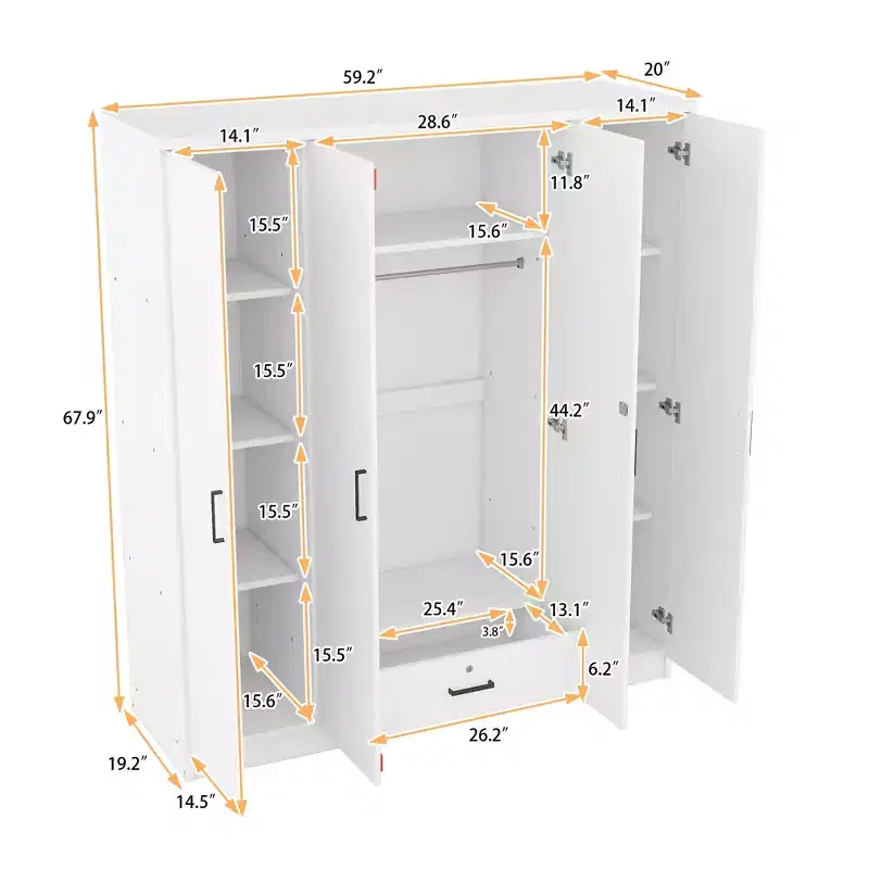 Wood 4-Door Wardrobe Armoire with Hanging Rod, 1-Drawer and Storage Shelves