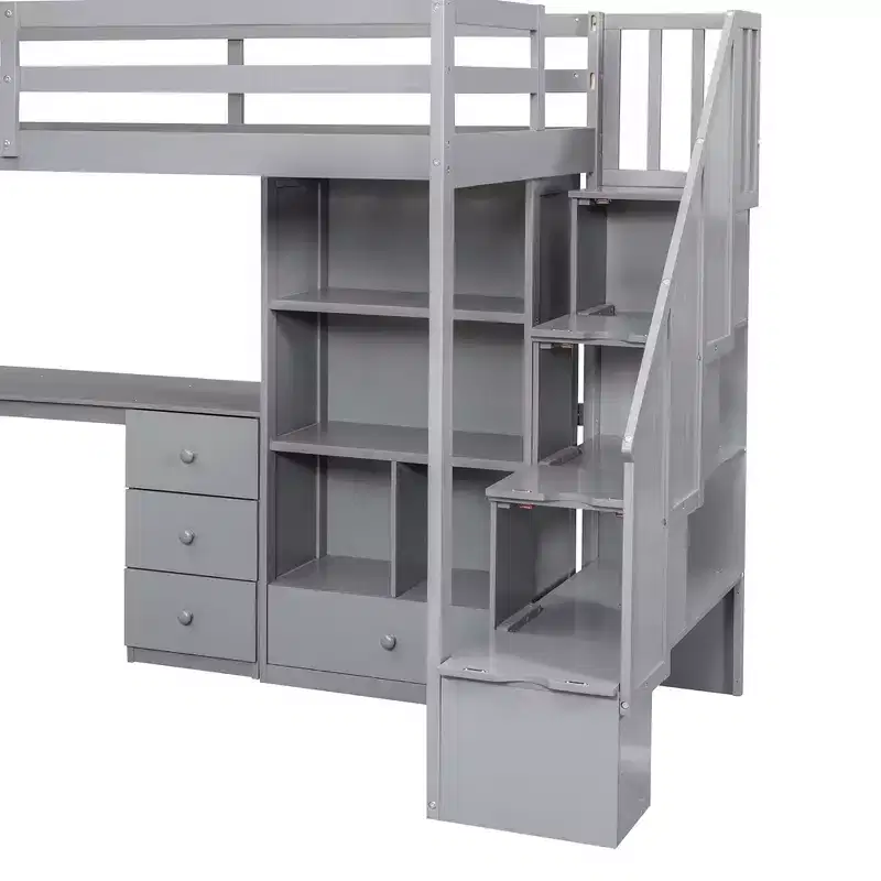 Twin Size Loft Bed with L-Shaped Desk, 3 Drawers, Cabinet, Staircase Storage, Solid Pine/MDF Build