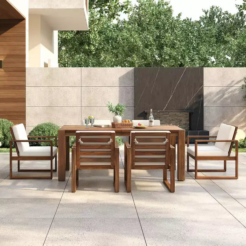 7-Piece Outdoor Dining Set for 6 with Umbrella Hole, Wood Patio Table and Chairs Set with Removable Cushions for Backyard or Patio-Panipeachy