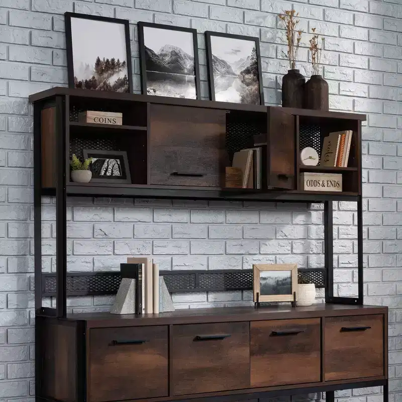 Large Library Hutch, Barrel Oak, Industrial Style, Laminated Surface, Metal Hardware