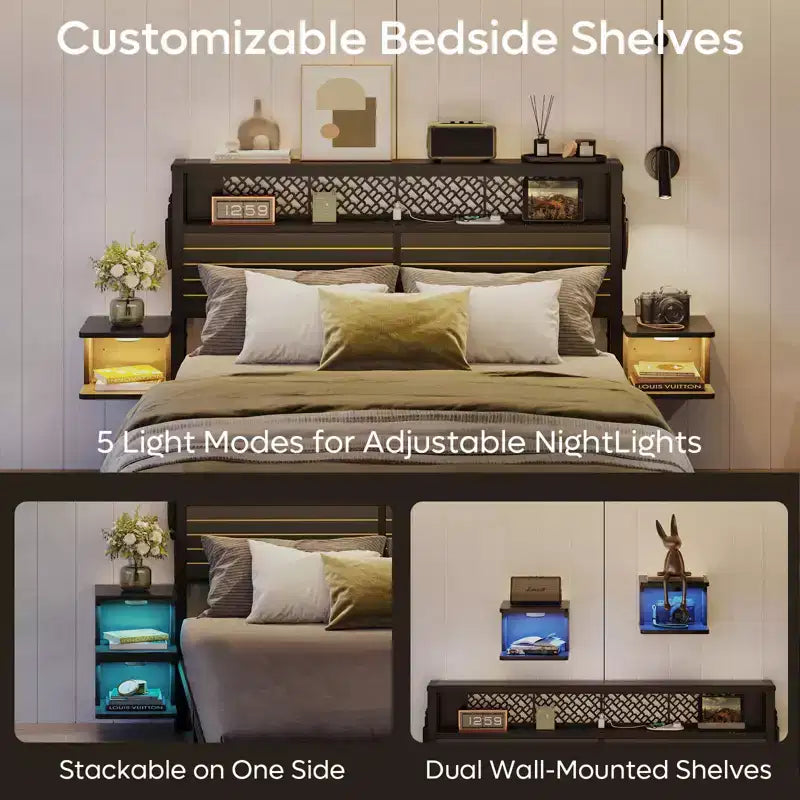 Metal Platform Bed Frame with Storage Headboard, Power Outlet, LED Lights & Beside Shelves