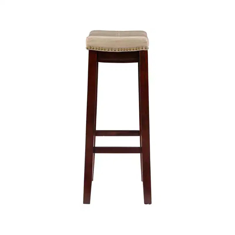 Set of 2 Faux Leather Barstools - Armless, Backless with Footrest, Fixed Height