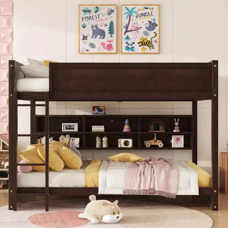 Whisen Queen Over Queen Bunk Bed with Built-in Storage Cabinets