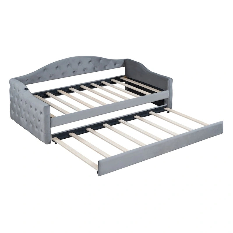 Twin Size Tufted Upholstered Daybed with Trundle �C Velvet Sofa Bed with USB & Type-C Charging Ports, No Box Spring Needed