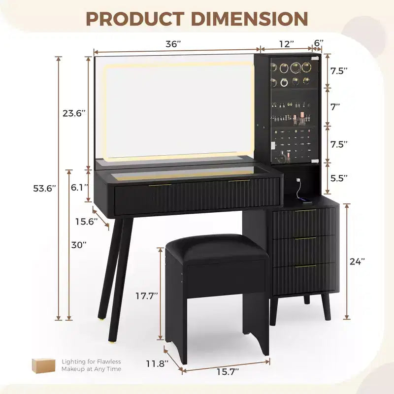 Vanity Desk with Lighted Mirror, Makeup Vanity with Charging Station, Glass Top Dressing Table with Cushioned Storage Stool for Bedroom