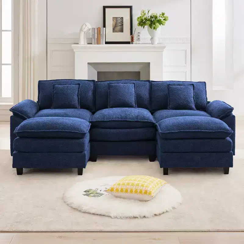 Likepay 105.9 in. Chenille Fabric 5 seat Sectional Sofa with 2 Ottomans in Dark Blue