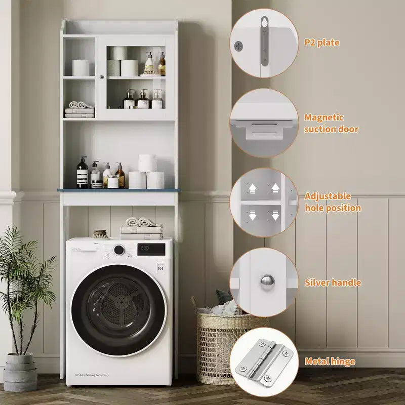 Modern Freestanding Over The Toilet Storage Cabinet, Adjustable Shelves, Tempered Glass Doors, Water-Resistant & Space-Saving MDF Bathroom Shelf
