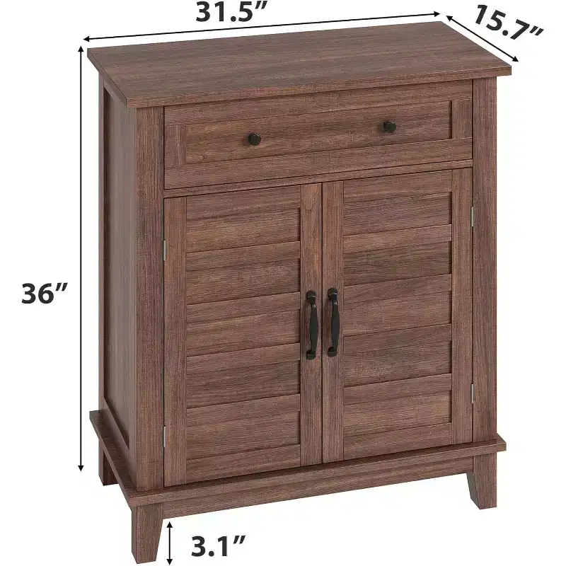 3-Tier Adjustable Storage Cabinet with Slatted Doors - Waterproof Farmhouse Sideboard Buffet & Coffee Bar Cabinet with Spacious Drawer