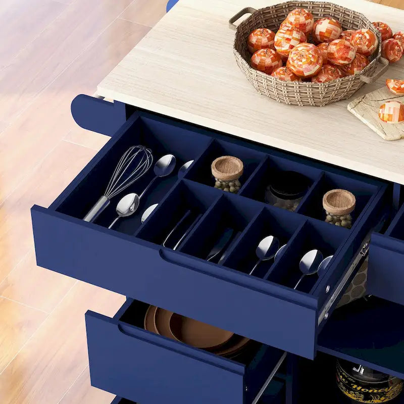 Rolling Kitchen Island Cart with 8 Handle-Free Drawers Rubberwood Top and Spice Rack