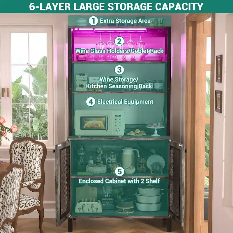 67-Inch Tall Wine Bar Cabinet with LED Lights, Glass Holder and Power Outlets