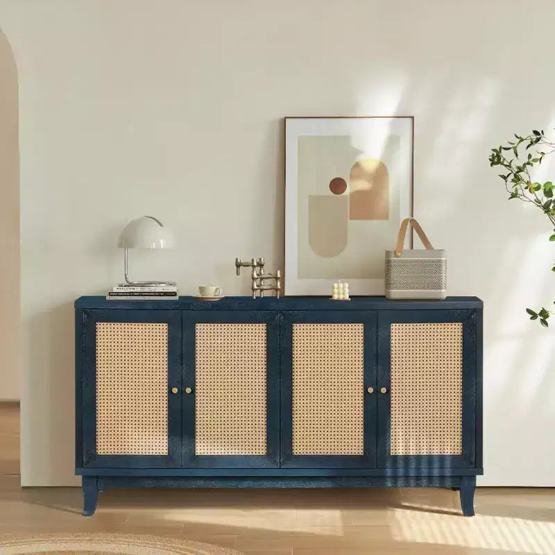 Acekool Rattan Sideboard Buffet Cabinet with 4 Rattan Doors, Adjustable Shelves, Modern Storage Console Table, Blue