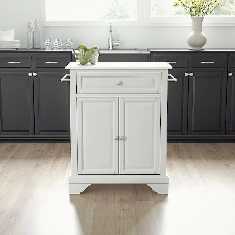 White Portable Kitchen Island with White Granite Top Drawer Cabinet and Towel Bars