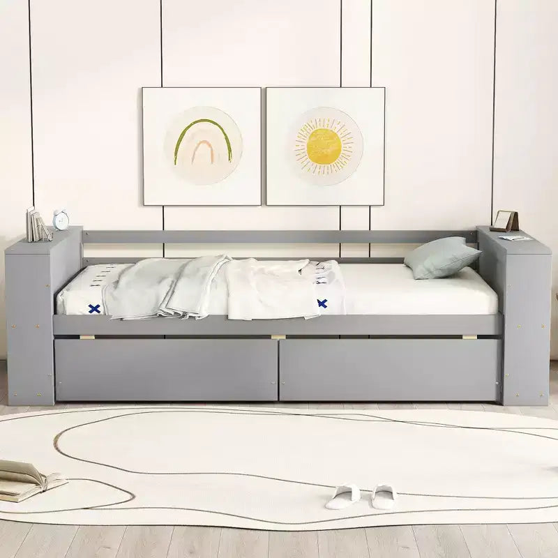Twin Size Daybed with Shelves and 2 Drawers - ModernLuxe
