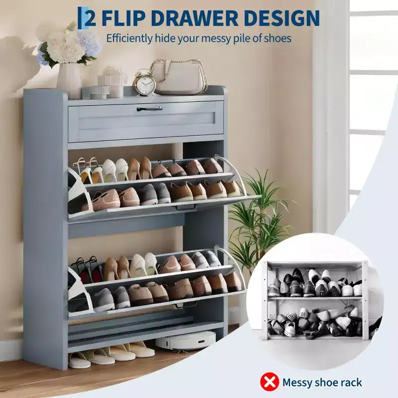 Shoe Cabinet, Shoe Storage Cabinet  High-Gloss Painted Wood with 2 Flip Drawers & 1 Top Drawer, Adjustable Shelves, Freestanding Hidden Organizer