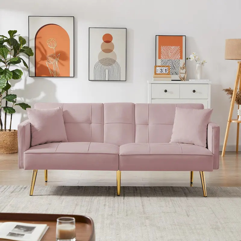 Velvet Futon Sofa Bed with Gold Metal Legs for Living Room, Entryway, Hallway, Office