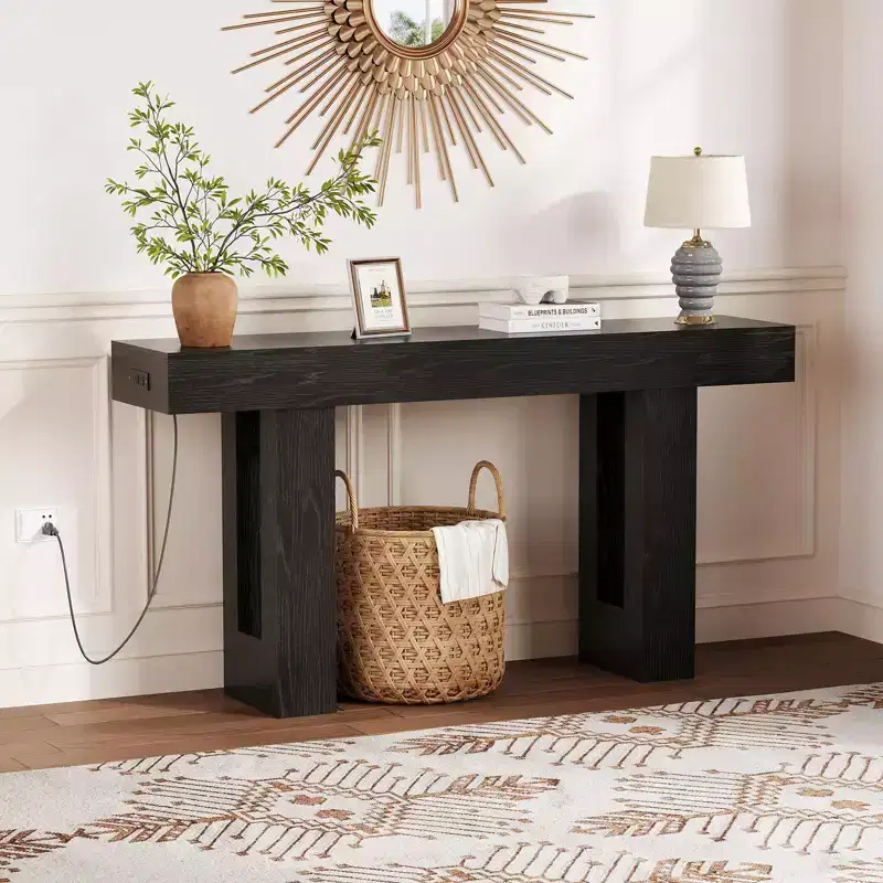 Console Table with Power Outlet, Extra Long Sofa Table Behind Couch, Narrow Entryway Table for Hallway, Entrance, Living Room