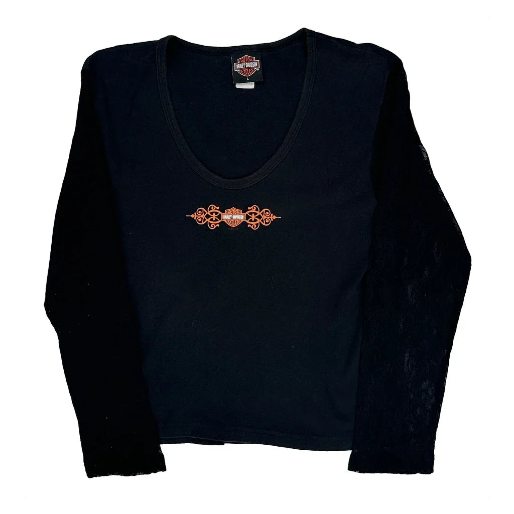 Graphic Long Sleeve T-Shirt Women Black Cotton Regular Fit Large