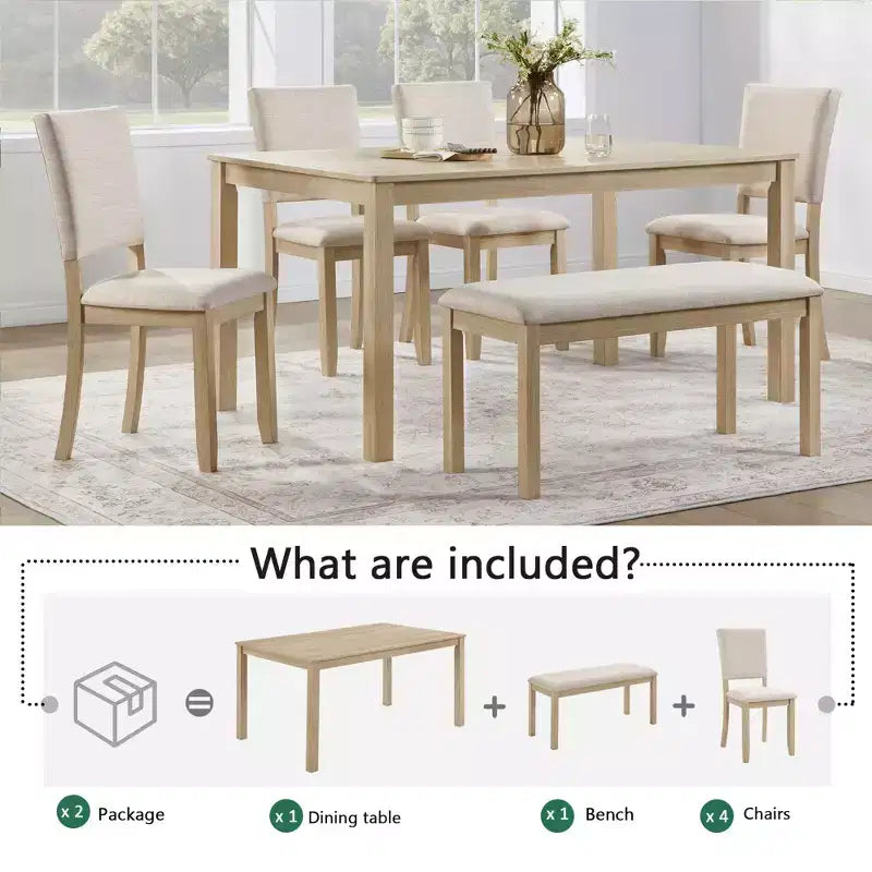 Fen Modern 6-Piece Dining Set with Wooden Rectangular Table, 1 Bench, and 4 Linen Upholstered Chairs
