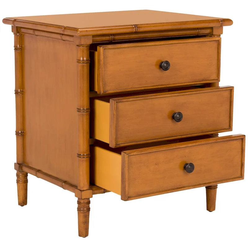 Modern Coastal 3-Drawer Nightstand with Bamboo-Style Frame & Gold Pulls