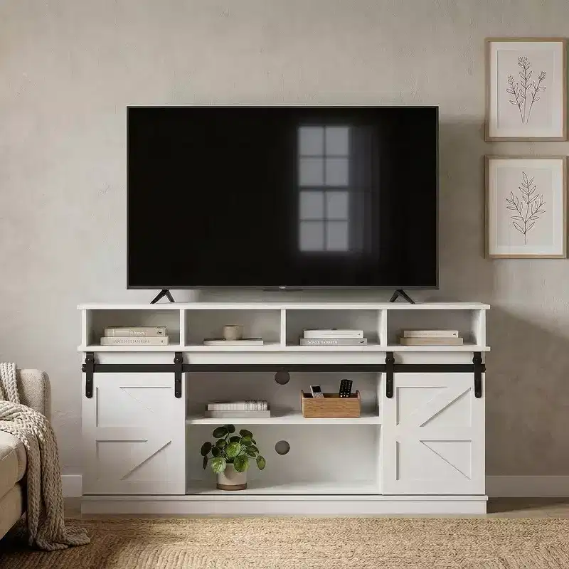FurnitureR 58 Farmhouse TV Stand for TVs up to 65, Sliding Barn Doors, Storage Cabinet with Shelves, Modern Entertainment Center