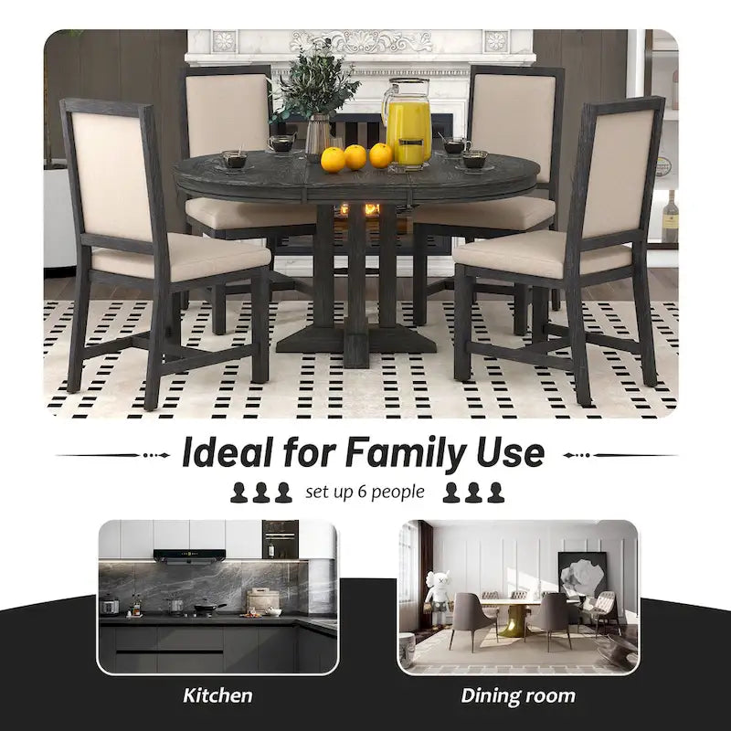 Black Wooden Dining Table with Extendable Round Table & 4 Chairs