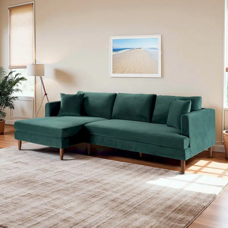 Mid-Century Modern L-Shaped Pillow Back Velvet Sectional Sofa