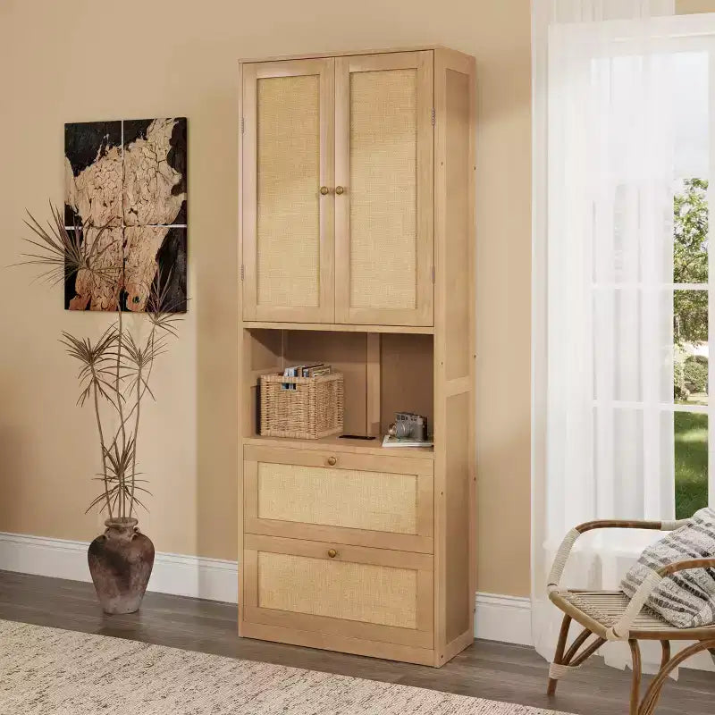 2-Door Bookshelf with USB Port and 3-Drawer Side Cabinet, Natural
