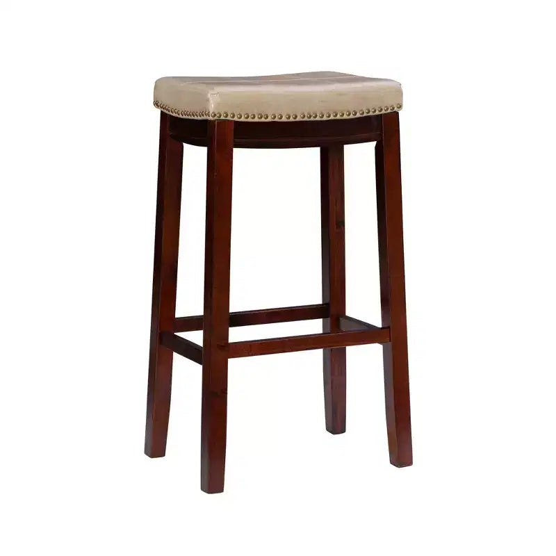 Set of 2 Faux Leather Barstools - Armless, Backless with Footrest, Fixed Height