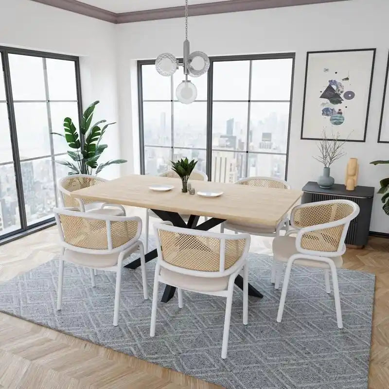 Modern Stylish Dining Arm Chair with Rattan Back and Steel Legs