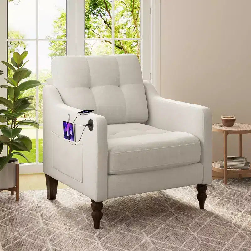 TUYOHW Modern Accent Chair,Ergonomic Chenille Armchair with USB Charging Port,Side Storage Pocket,Wood Legs,Lounge Chair for Living Room,Bedroom