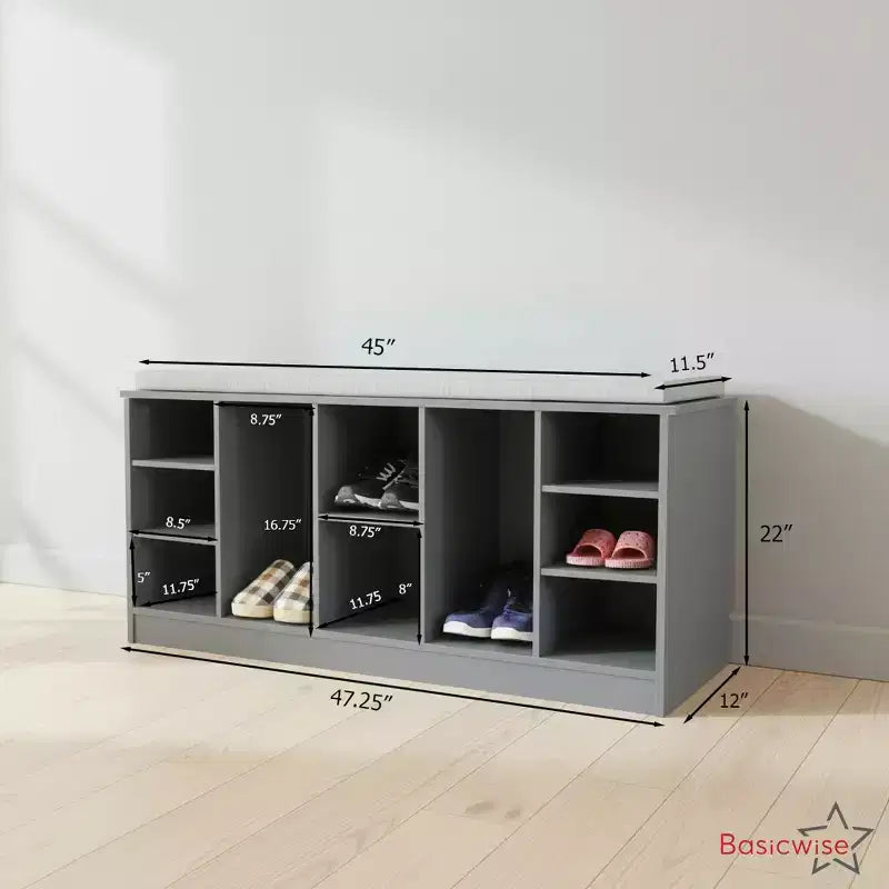 Basicwise Multi-Purpose Wooden Shoe Storage Bench Cushioned Seat Open Cubby Compartments and Versatile Organizer for Shoes and Accessories