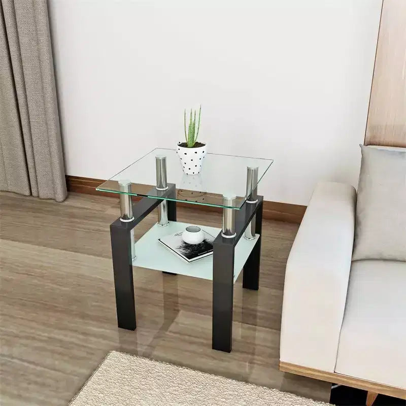Modern 2-Tier Square Coffee Table with Tempered Glass Top