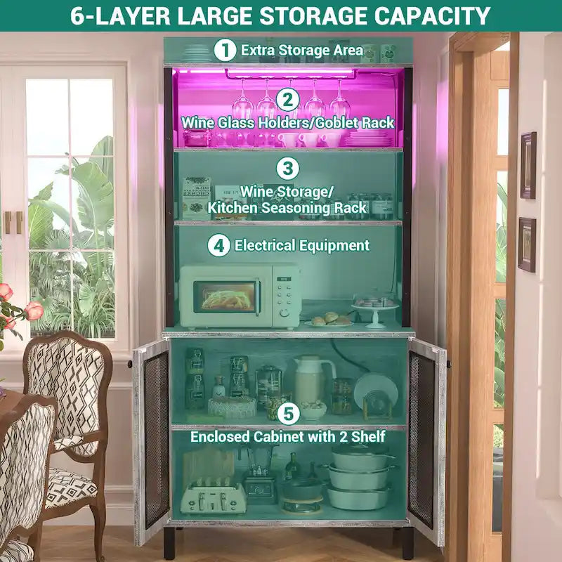 67-Inch Tall Wine Bar Cabinet with LED Lights, Glass Holder and Power Outlets