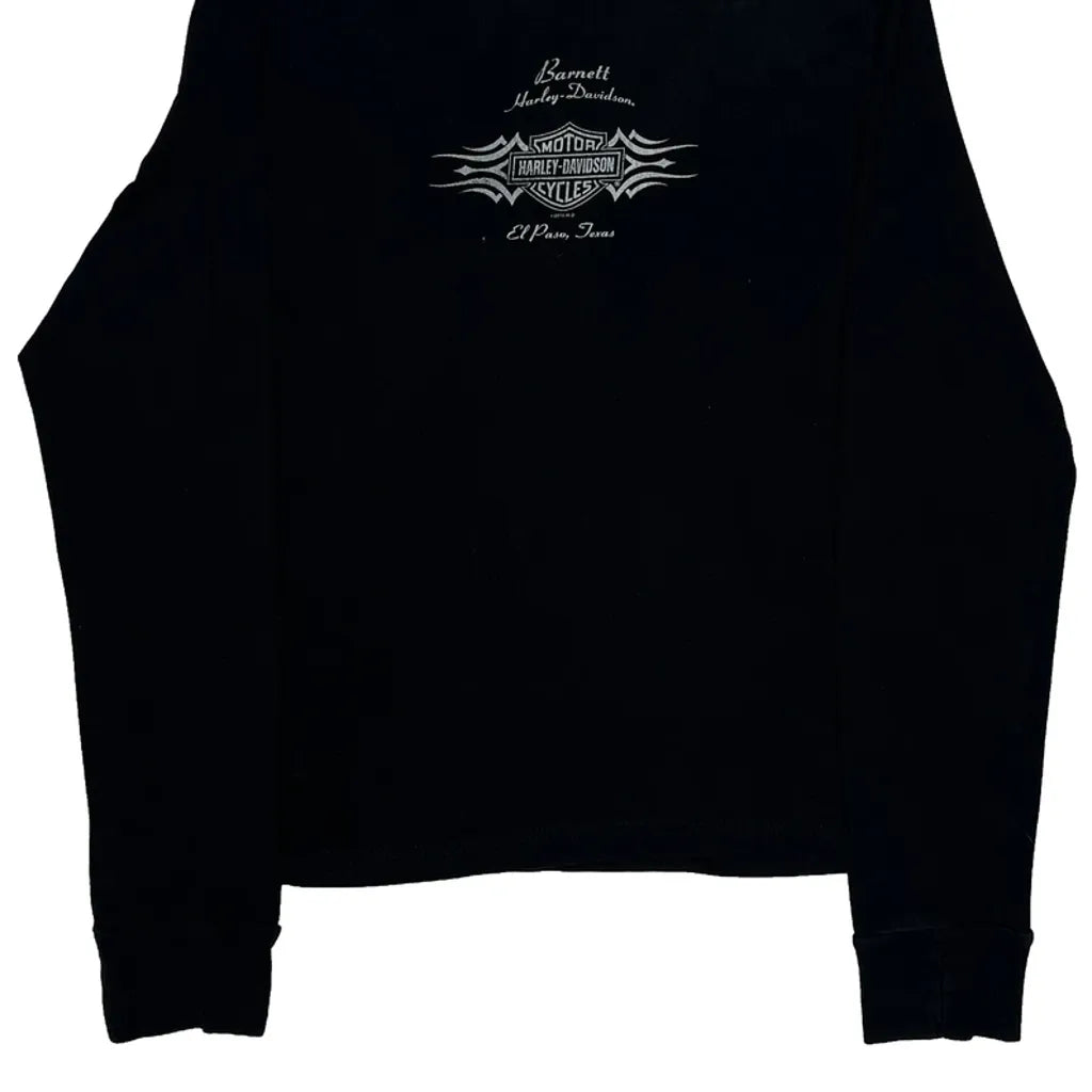 Women's Black Graphic Long Sleeve V-Neck T-Shirt Regular Fit Cotton