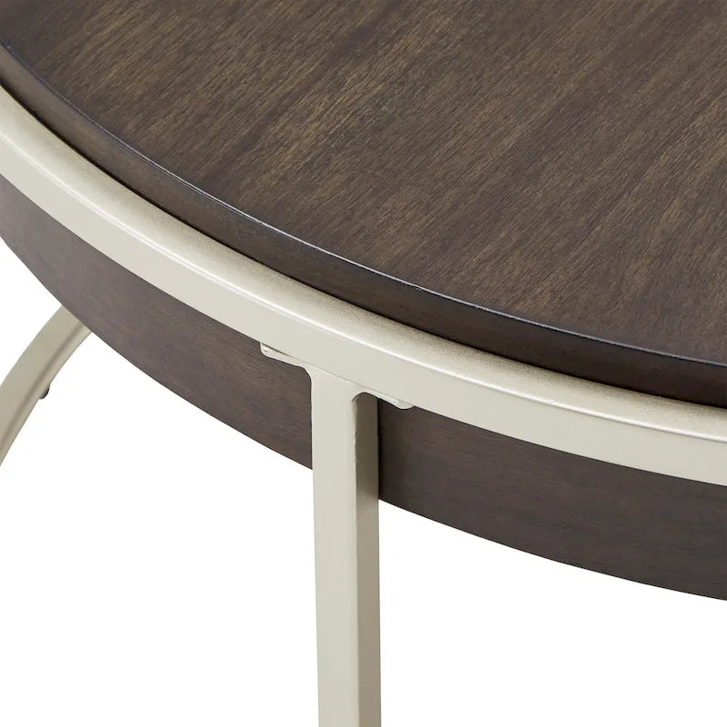 Round Coffee Table with Geometric Walnut Veneer Top and Gold Metal Base