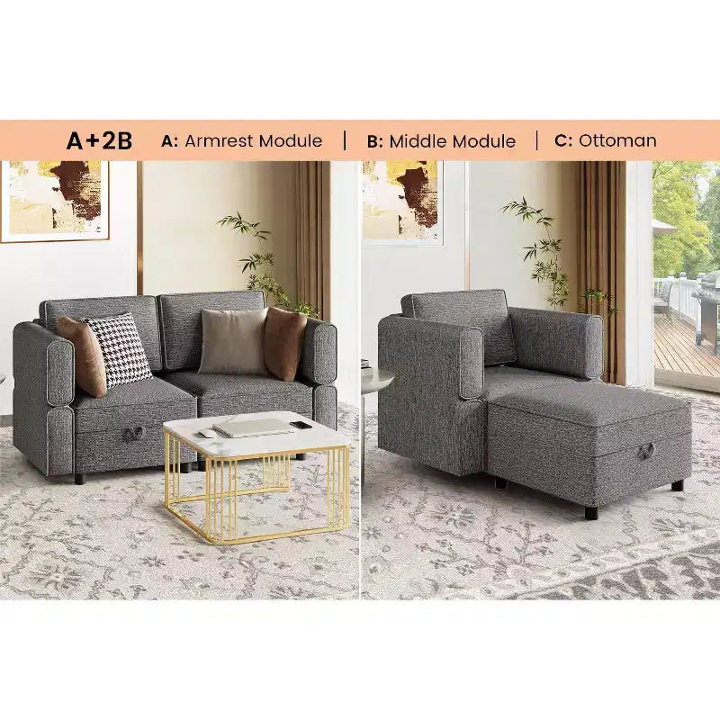 Sectional Sofa with Storage Ottoman - Adjustable L-Shaped Couch for Living Room (Chenille Fabric)