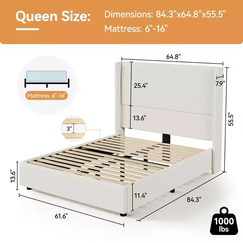 Dyonery Queen Bed Frame, Upholstered Platform Bed with 55.5 Tall Wingback Headboard, Solid Wooden Slats, Noise-Free Mattress Foundation