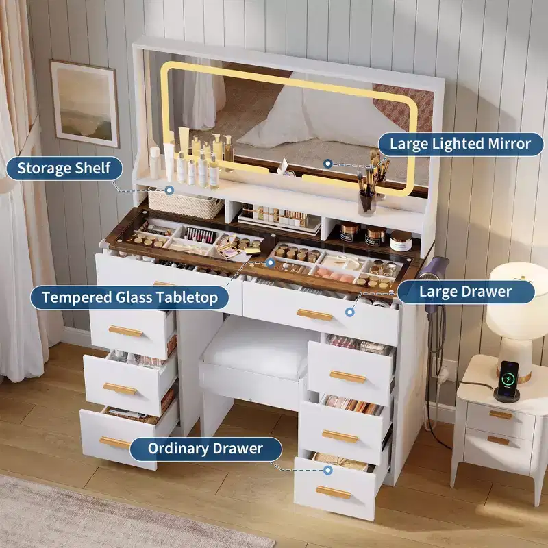 42 Vanity Desk with LED Lighted Mirror & Power Outlet - Modern Makeup Dressing Table with 8 Drawers, Glass Top, Cushioned Stool & Hairdryer Holder