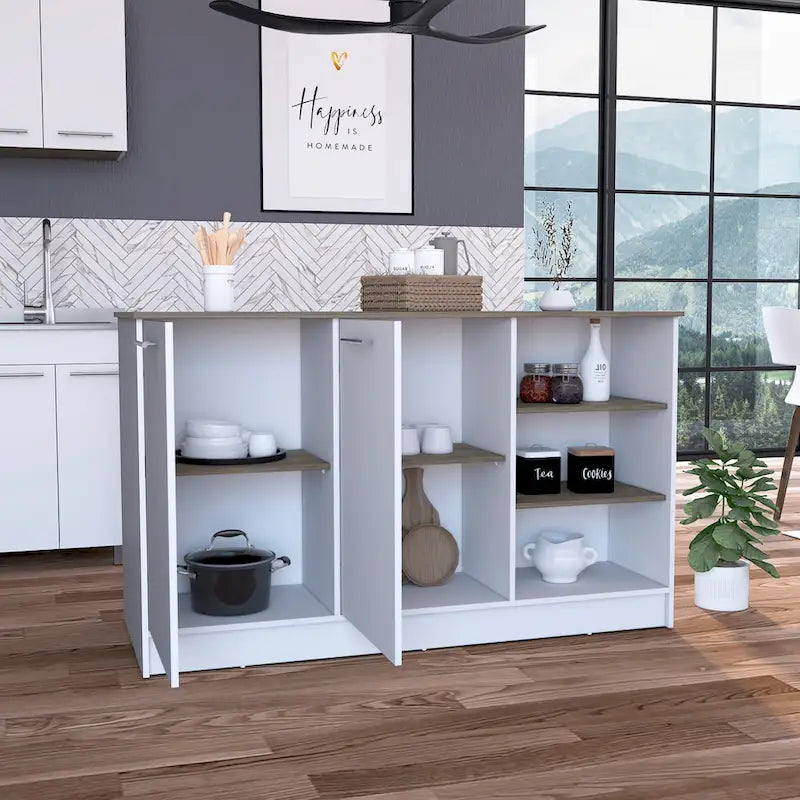 White and Dark Brown Stationary Kitchen Island with 2 Cabinets and 3 Open Shelves
