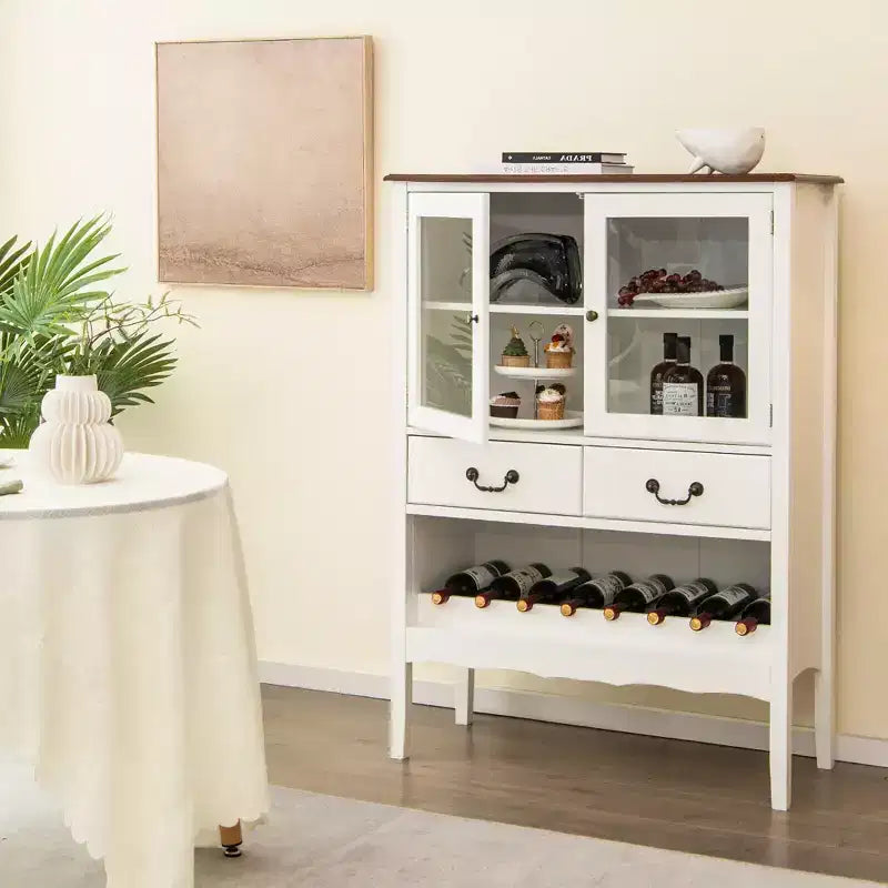 Costway 2-Door Liquor Coffee Bar Cabinet Freestanding Buffet Sideboard Rack Drawers