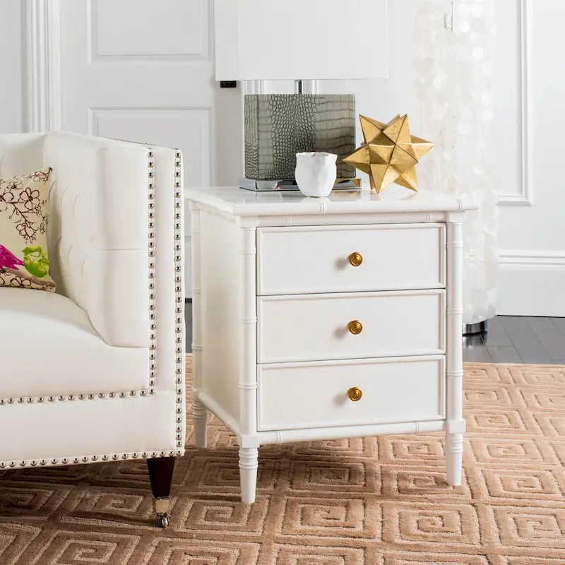 Modern Coastal 3-Drawer Nightstand with Bamboo-Style Frame & Gold Pulls